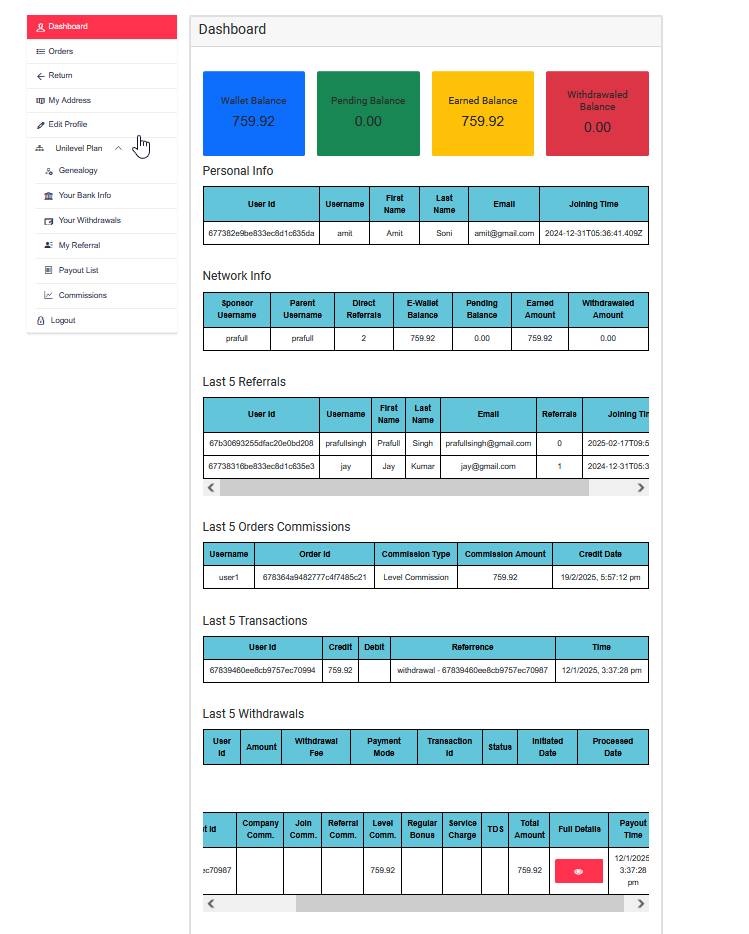 Unilevel mlm my account