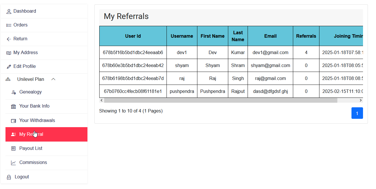 Unilevel User MLM referral link