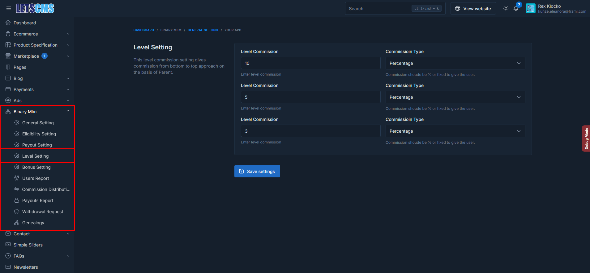 binary mlm Level Settings