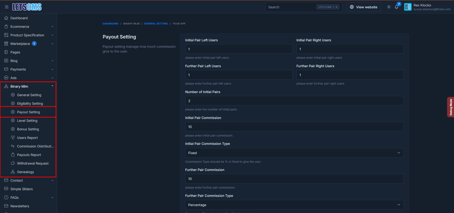 binary mlm Payout SETTINGS